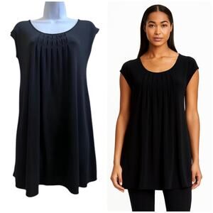 Eileen Fisher Black Silk Front Pleated Cap Sleeve Tunic Blouse Small Minimalist
